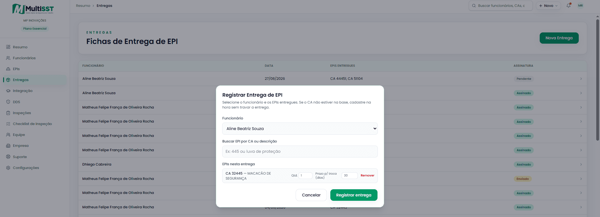 Registrar entrega de EPI